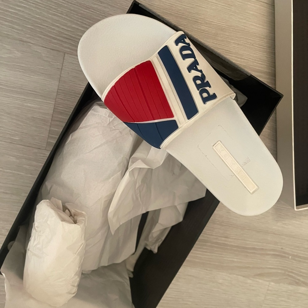 Prada White Slide Sandals with Red and Blue Accents